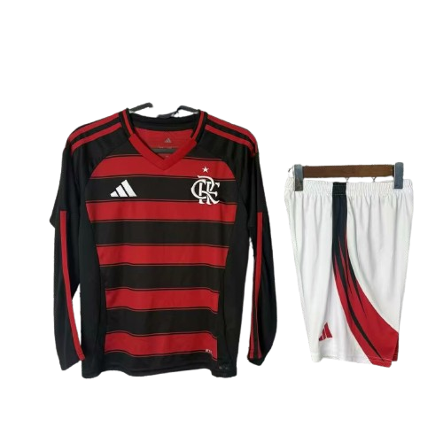 Kit Infantil Flamengo Home 25/26 Manga Longa -Vermelho e Preto